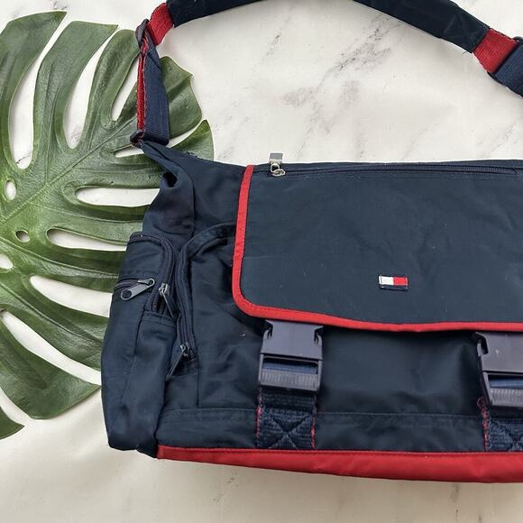Tommy Hilfiger Vintage Y2k Shoulder Messenger Bag Navy Blue Red Buckles - Picture 3 of 9